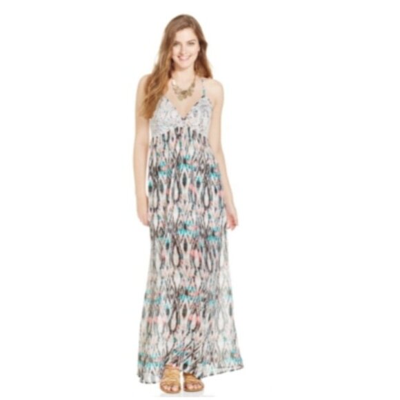 BELLE DU JOUR Juniors' Multi-Color Printed Crochet-Trim Maxi Dress NWT Medium - Picture 1 of 11